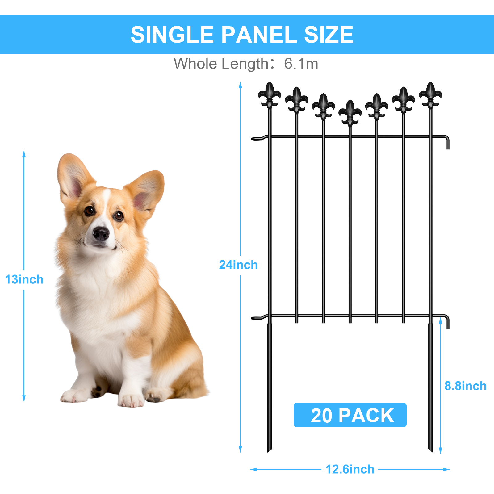 20 Pack Decorative Garden Fence Panels, 24in H x 20ft L Rustproof Metal Animal Barrier, No Dig Outdoor Fence Border for Yard, Patio & Flower Beds