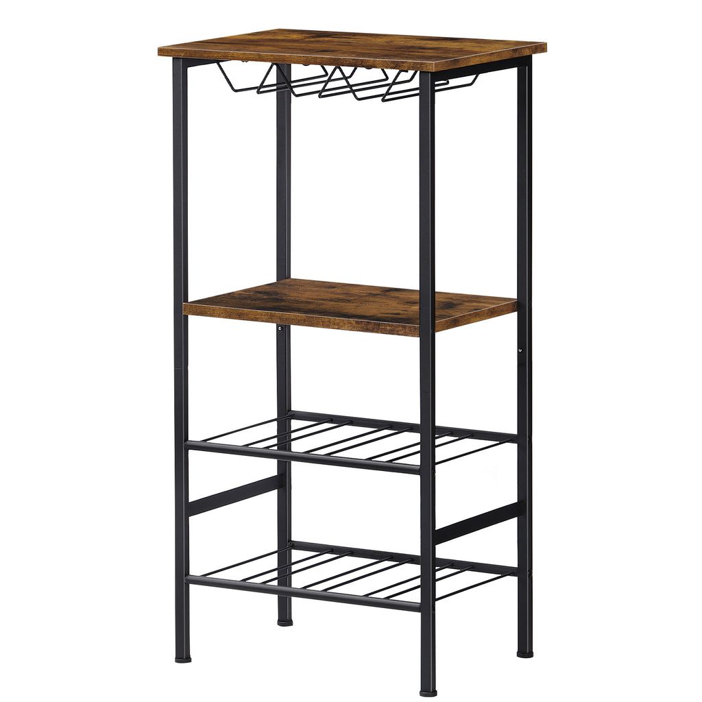 Industrial Floor Wine Bar - 8-Bottle Storage Rack and Stemware Holder in Rustic Brown for Home Kitchen and Dining Areas