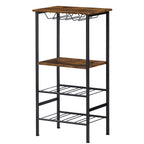 Industrial Floor Wine Bar - 8-Bottle Storage Rack and Stemware Holder in Rustic Brown for Home Kitchen and Dining Areas