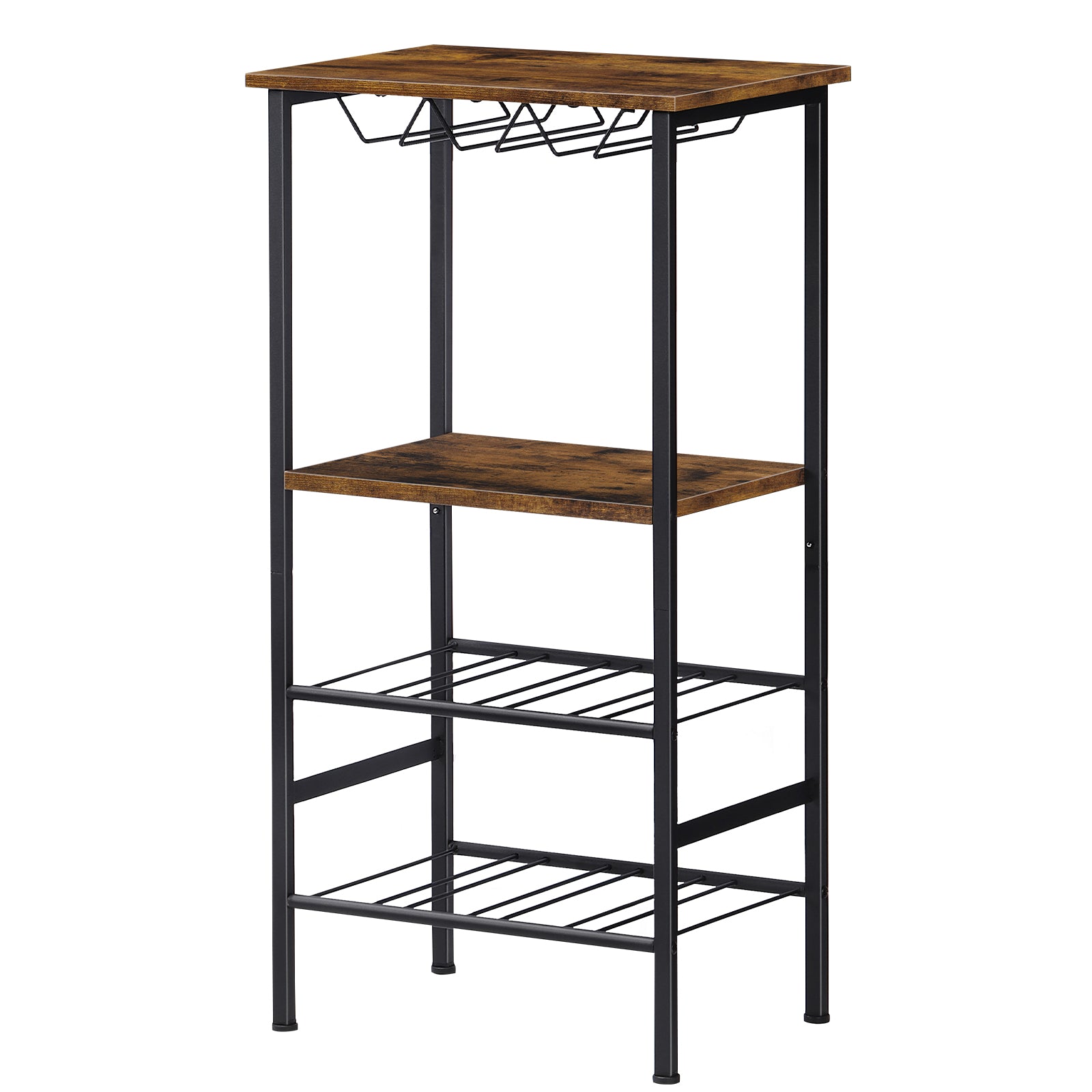 Industrial Floor Wine Bar - 8-Bottle Storage Rack and Stemware Holder in Rustic Brown for Home Kitchen and Dining Areas
