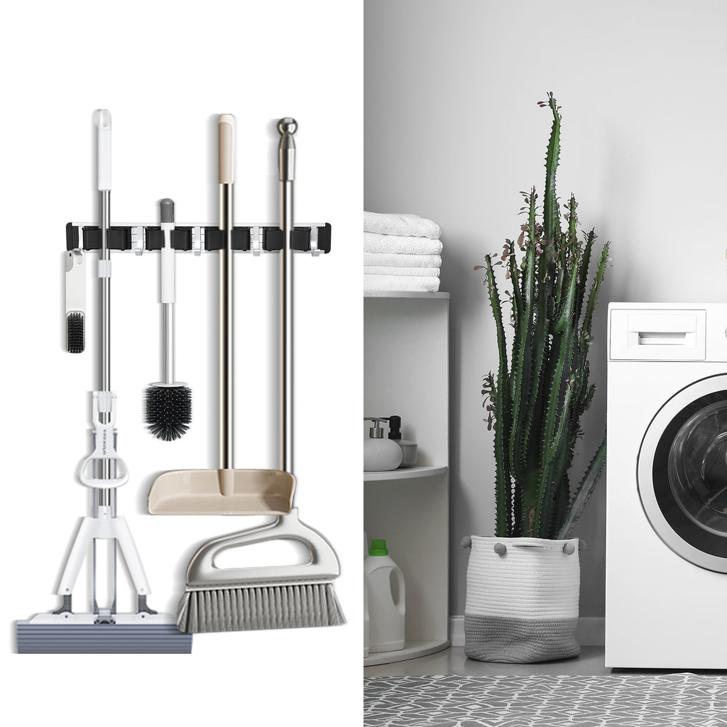 Heavy Duty Wall Mount Mop & Broom Holder 2 Pack, Aluminum Garage Tool Storage Rack with Adjustable Clips and Hanging Hooks, Multi-Purpose Wall Organizer for Cleaning Supplies, Garden Tools, Umbrellas