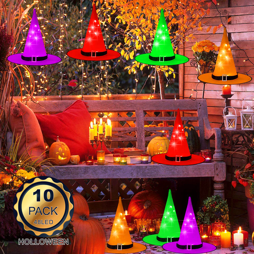 8 light-up witch hats in assorted colors, Halloween outdoor decorations. Each hat can be worn separately to liven up the Halloween atmosphere. Suitable for Halloween decor, parties and role-playing.