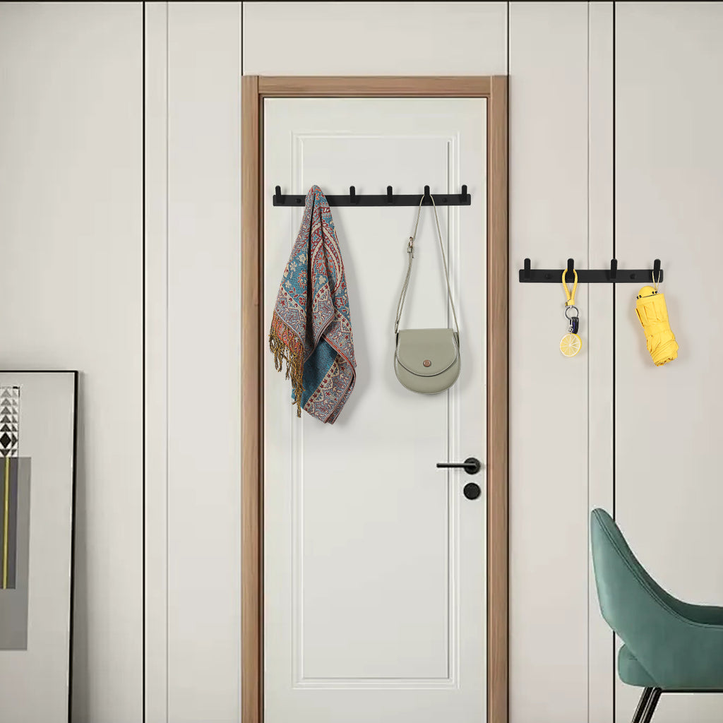 2 Pack Aluminum Coat Hook Rack, 4 Hooks & 6 Hooks Mixed Set Matte Black Wall Mount Entryway Coat Rail, Heavy Duty Wall Hook Strip for Hat, Bag, Towel, Umbrella, Key for Bedroom Bathroom Mudroom