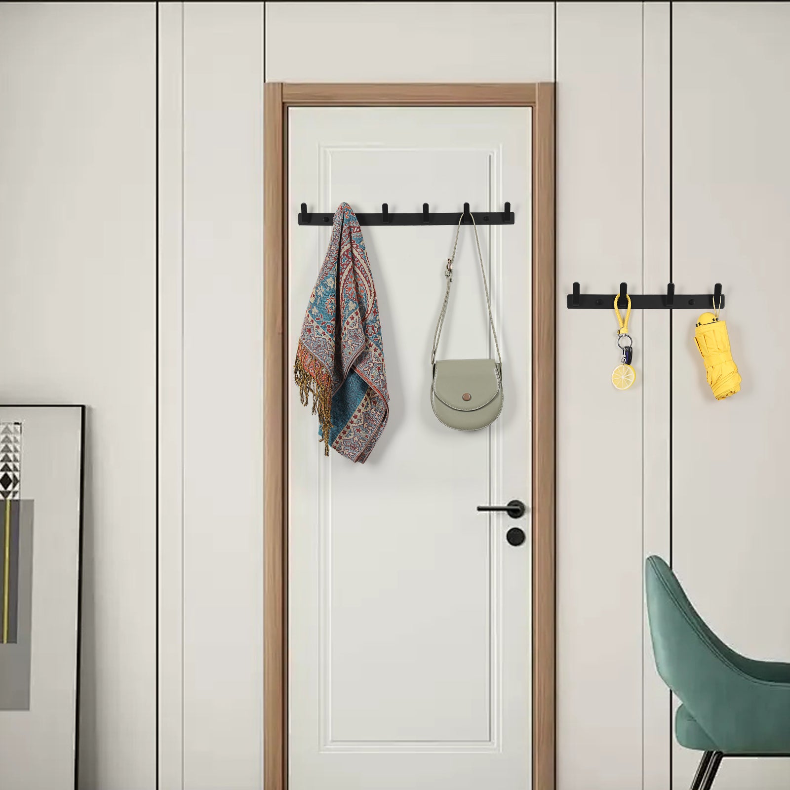 2 Pack Aluminum Coat Hook Rack, 4 Hooks & 6 Hooks Mixed Set Matte Black Wall Mount Entryway Coat Rail, Heavy Duty Wall Hook Strip for Hat, Bag, Towel, Umbrella, Key for Bedroom Bathroom Mudroom