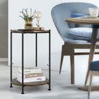 Rustic Brown 2-Tier Circular Bedside Table - Industrial Wood Nightstand with Metal Frame and Integrated Fabric Storage Bin for Home or Coffee Shop Use