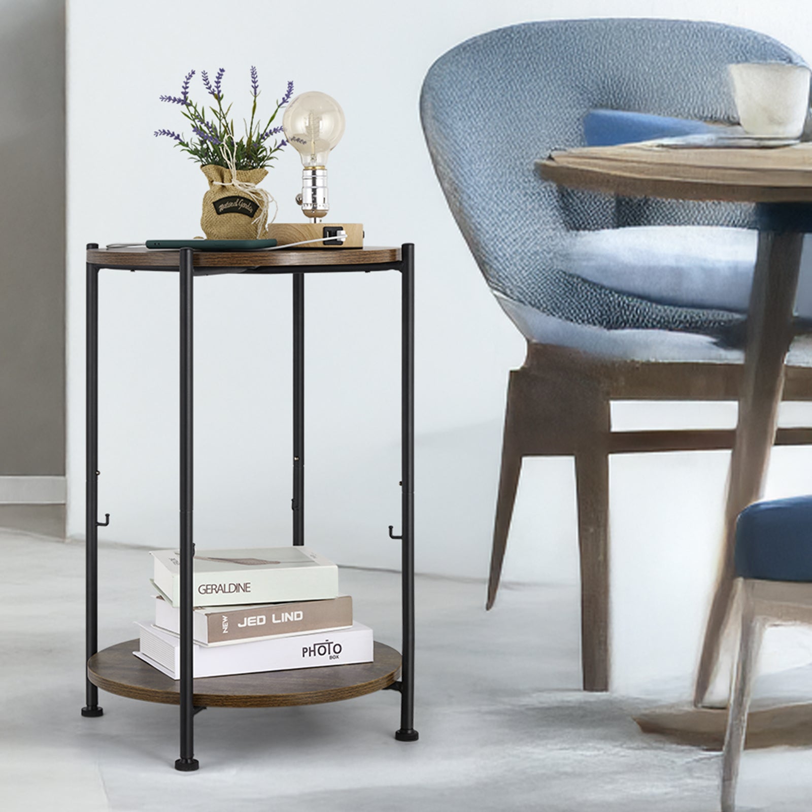 Rustic Brown 2-Tier Circular Bedside Table - Industrial Wood Nightstand with Metal Frame and Integrated Fabric Storage Bin for Home or Coffee Shop Use