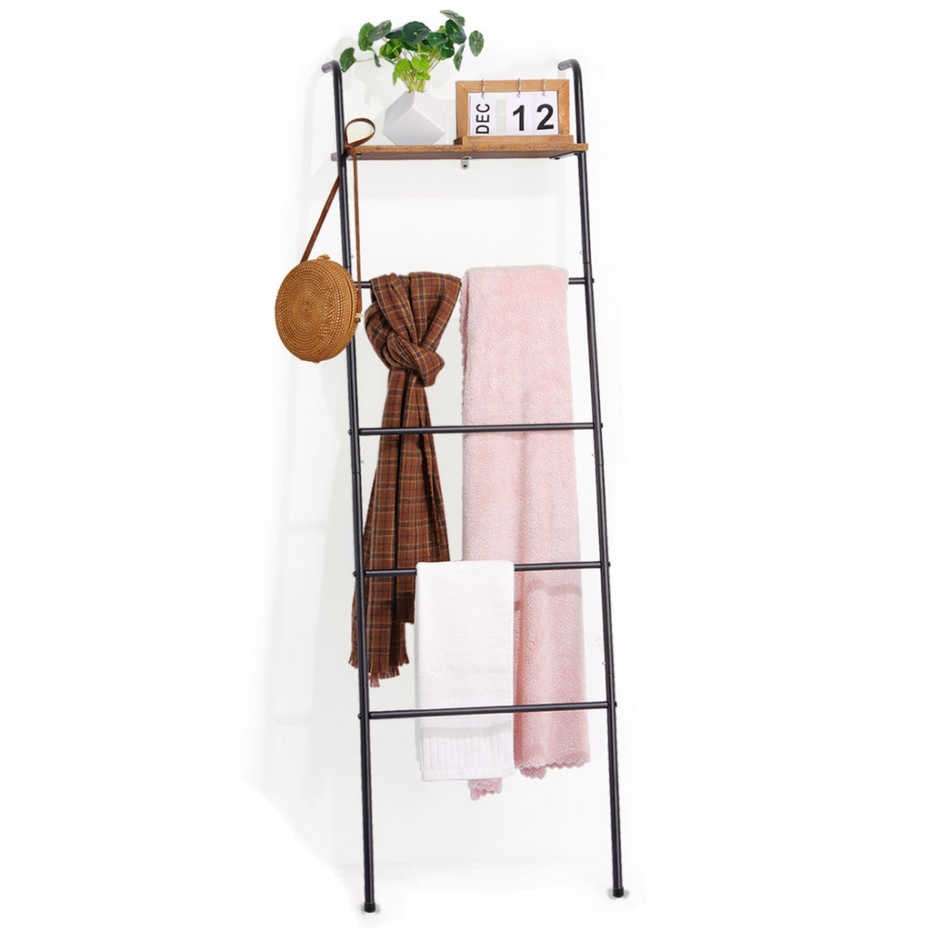 5 Tier Leaning Blanket Ladder with Top Rustic Wood Shelf, Black Metal Farmhouse Towel Rack Freestanding Quilt Blanket Holder, Multi Purpose Storage Organizer for Bathroom Bedroom Living Room Pool