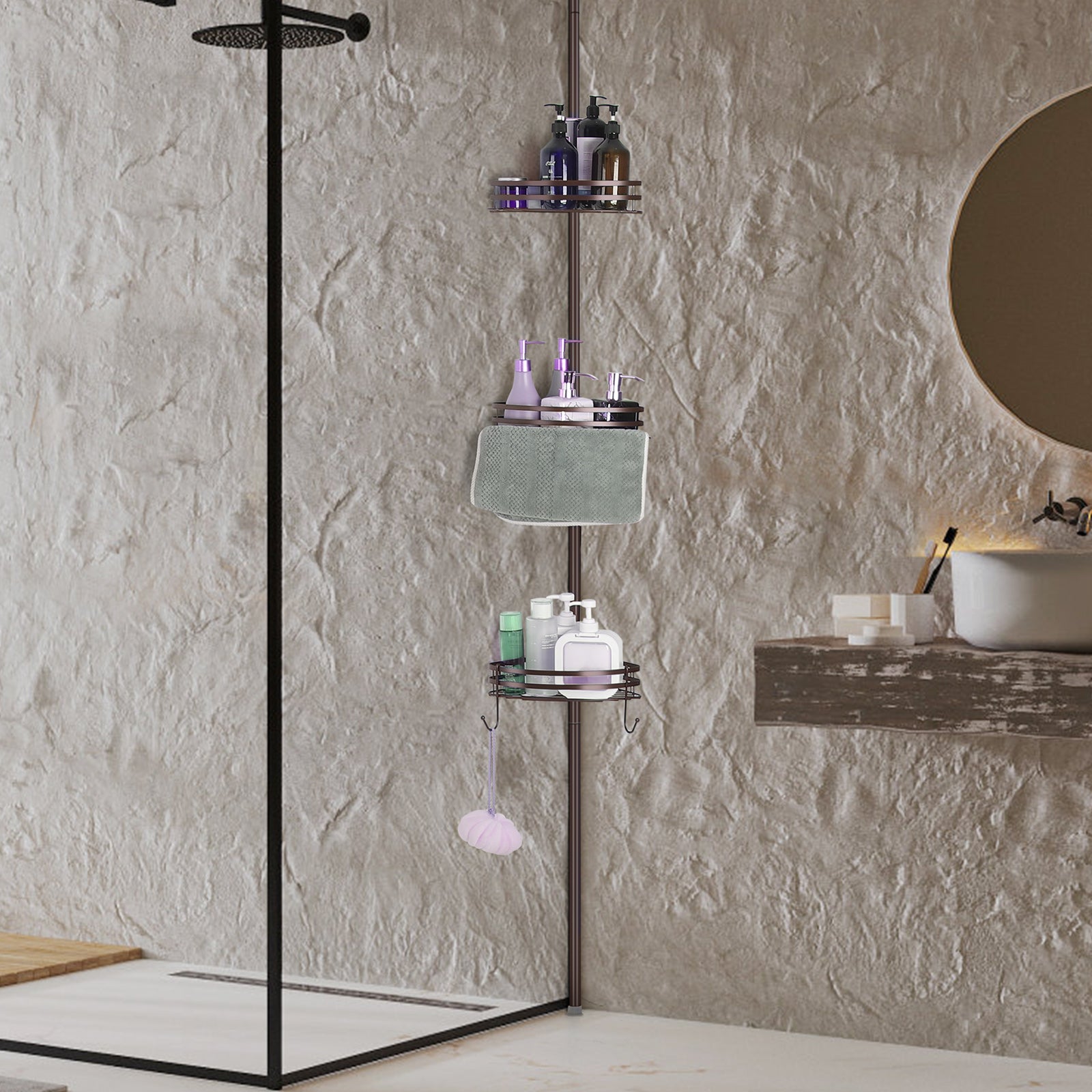 Tension Pole Shower Caddy (4-Tier), Adjustable Bronze Corner Bathroom Storage Rack