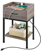 Nightstand with Charging Station - 2-Tier End Table with Drawer & USB Ports for Bedroom