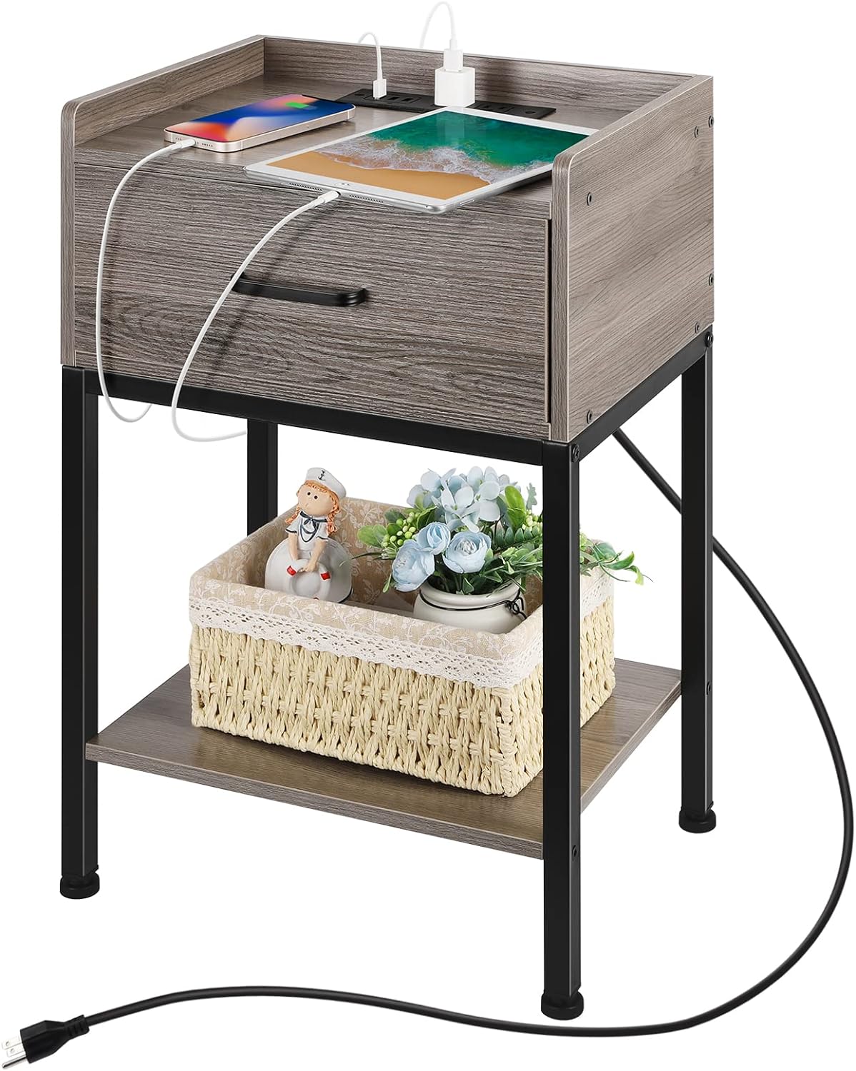 Nightstand with Charging Station - 2-Tier End Table with Drawer & USB Ports for Bedroom