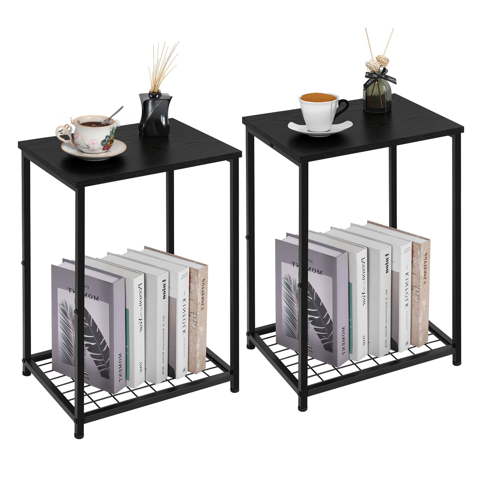Black Nightstands Set of 2 Side Table Living Room for Small Spaces Narrow Bedside Tables and Small End Table Sets with Open Storage Shelves for Bedroom Guest Room Decor