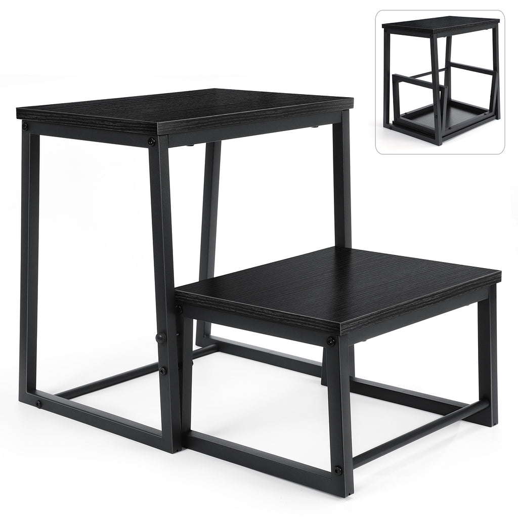 2 In1 Wooden Shoe Bench Heavy Duty Folding 2 Step Stool For Adults, Sturdy Metal Frame Beside Stepping Stool For High Beds, Step Stool Helper Foot Stool For Office, Home, Kitchen Bathroom Bedroom, RV