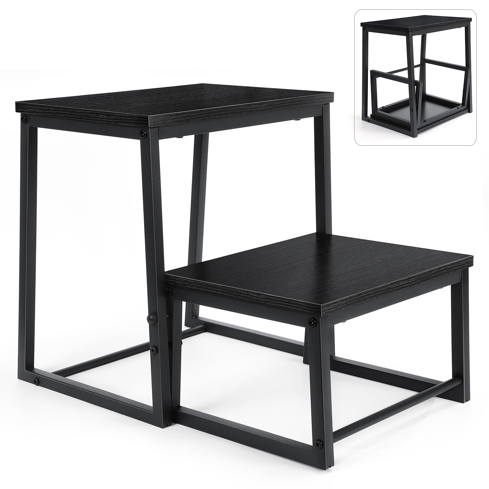 2 In1 Wooden Shoe Bench Heavy Duty Folding 2 Step Stool For Adults, Sturdy Metal Frame Beside Stepping Stool For High Beds, Step Stool Helper Foot Stool For Office, Home, Kitchen Bathroom Bedroom, RV