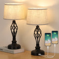 Pair of Classic Bedside Nightstand Lamps with Integrated Dual USB Ports and Fabric Shades for Home and Dorm Use