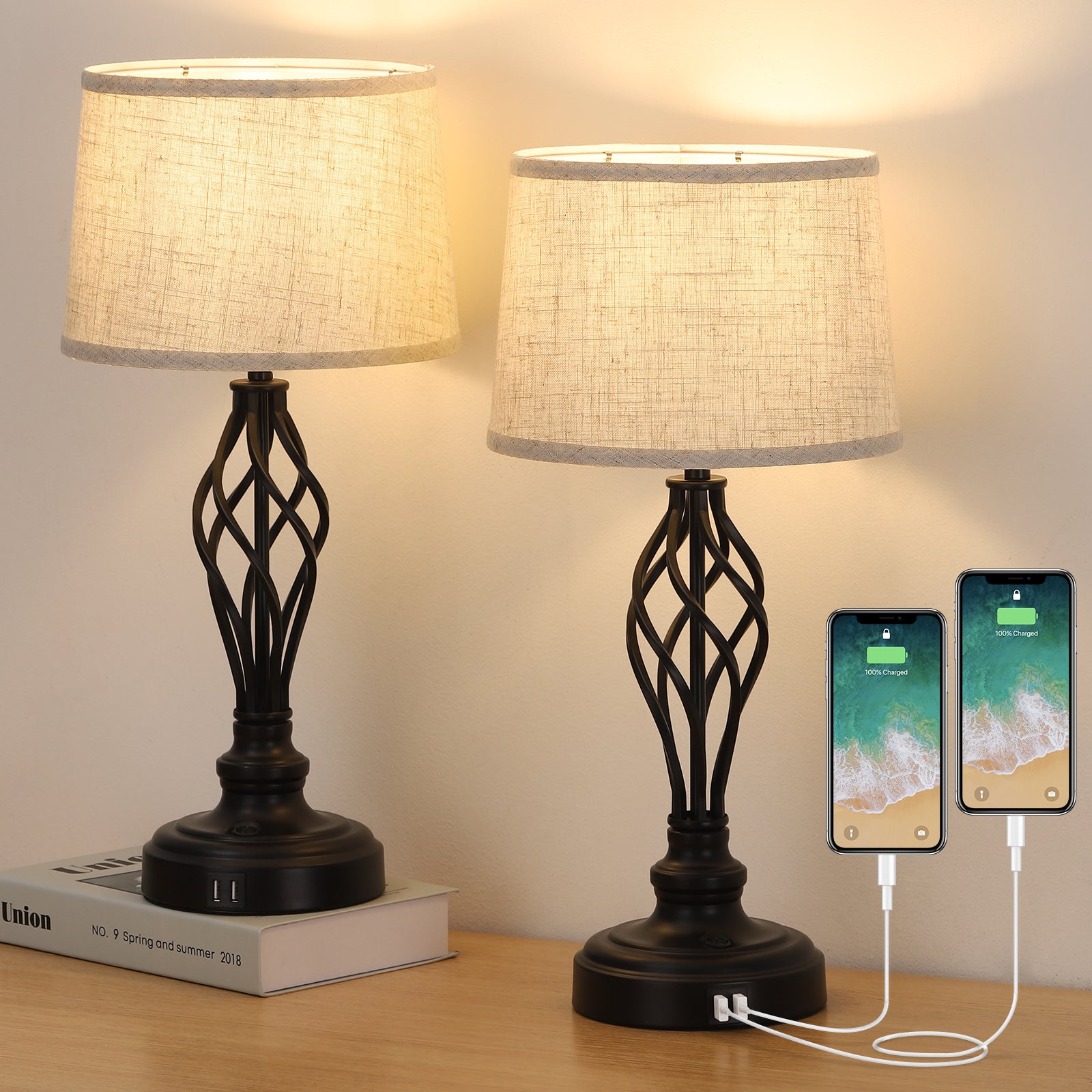 Pair of Classic Bedside Nightstand Lamps with Integrated Dual USB Ports and Fabric Shades for Home and Dorm Use