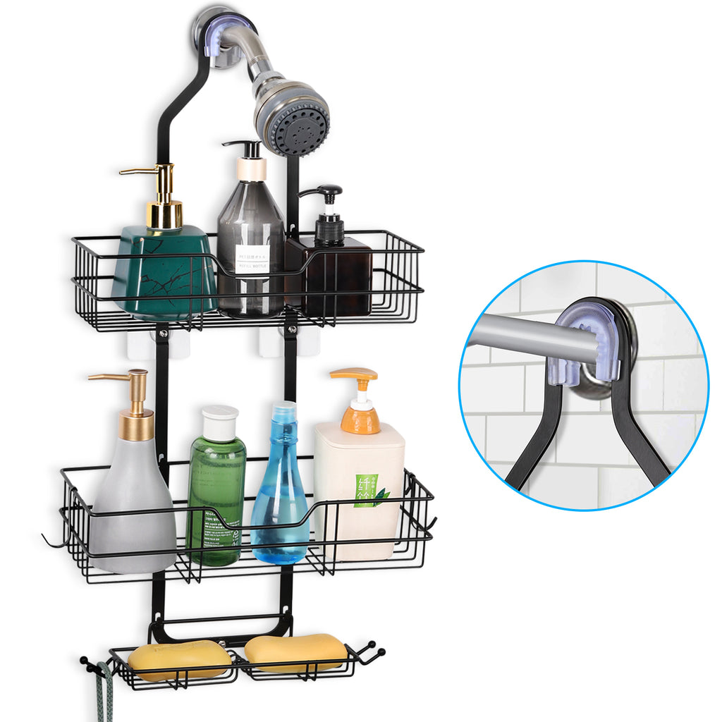 3-Tier Hanging Shower Caddy, Over the Shower Head Bathroom Organizer with Soap Dish & Hooks