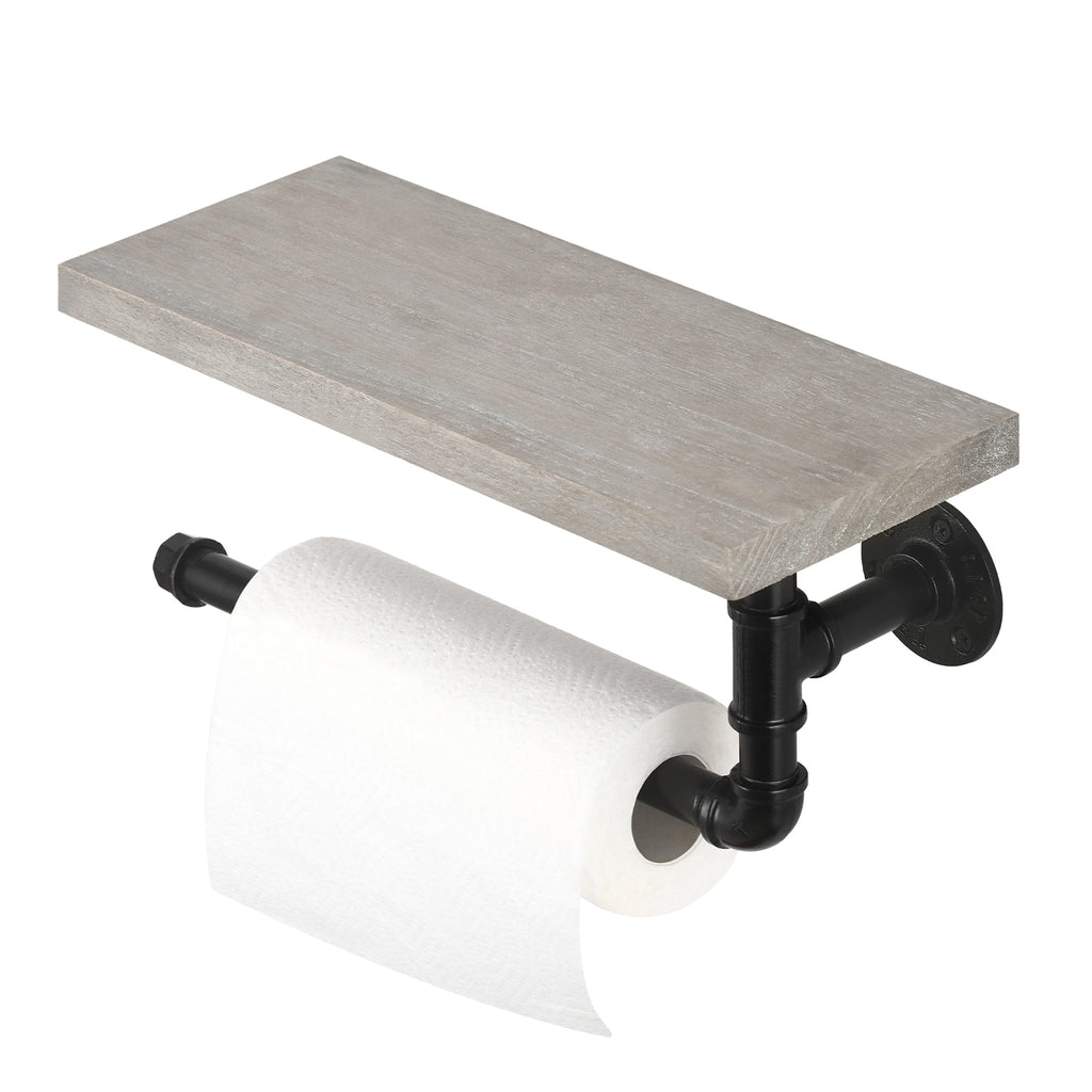 Wall Mounted Industrial Tissue Storage Rack with Wood Shelf, Grey White Kitchen and Bathroom Paper Towel Dispenser Holder