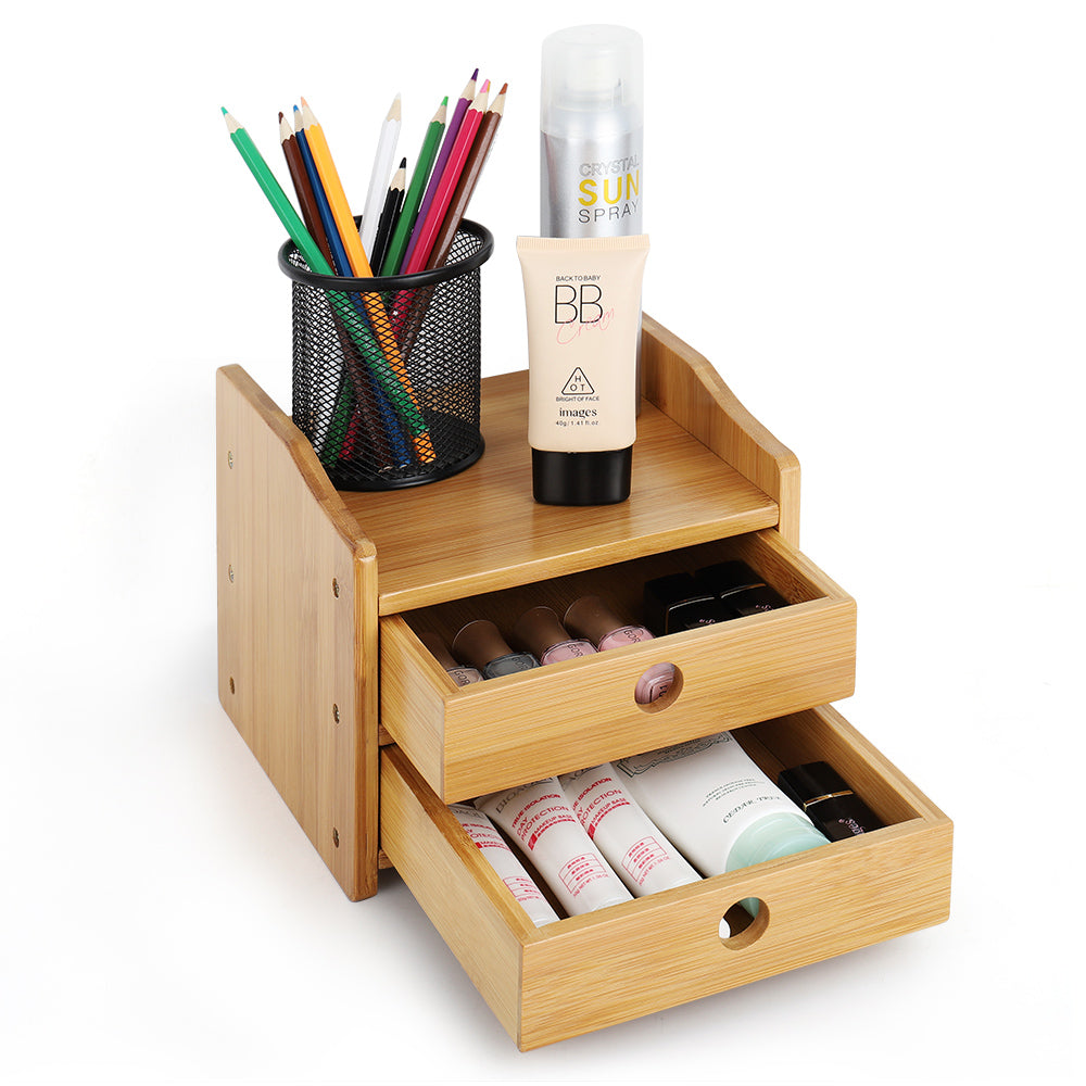 Bamboo 2 Drawer Desktop Organizer Cosmetic Makeup Storage