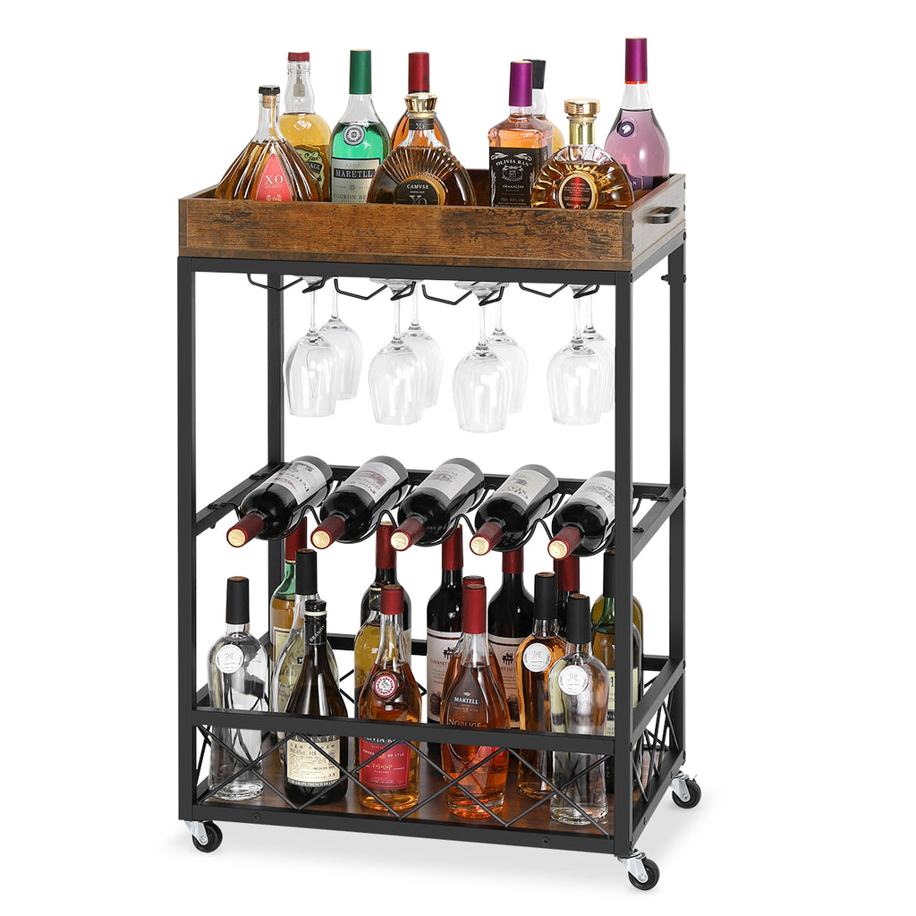 Beverage trolleys and beverage bottle racks, mobile kitchen service trolleys with storage and glass brackets, movable beverage trays, wheels and handles on trolleys, plain brown