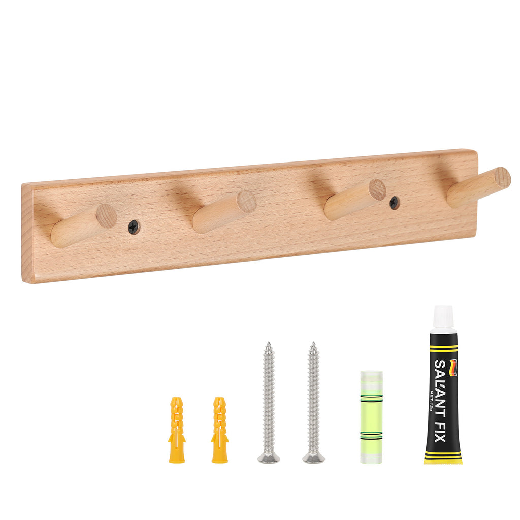 Rustic Solid Beech Wood Peg Coat Hooks 2 Pack, Wall Mount 4-Peg Hanging Rack with Adhesive Glue & Hardware Screws, Minimalist Farmhouse Wall Hanger for Coats, Backpacks, Umbrellas, Towels, Entryway Decor