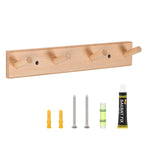 Rustic Solid Beech Wood Peg Coat Hooks 2 Pack, Wall Mount 4-Peg Hanging Rack with Adhesive Glue & Hardware Screws, Minimalist Farmhouse Wall Hanger for Coats, Backpacks, Umbrellas, Towels, Entryway Decor