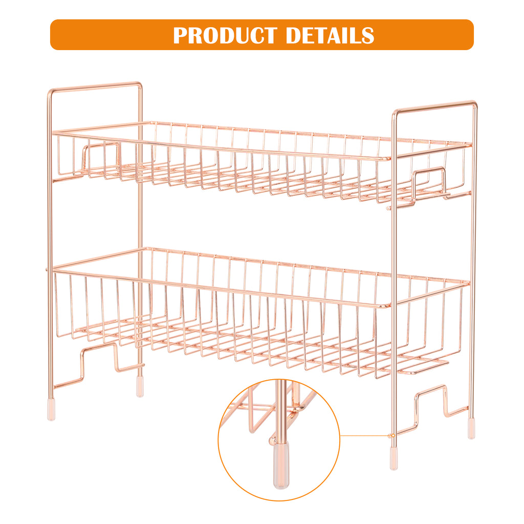 2-Tier Rose Gold Countertop Spice Rack Organizer - Elegant Metal Kitchen Storage Shelf for Jars and Bottles