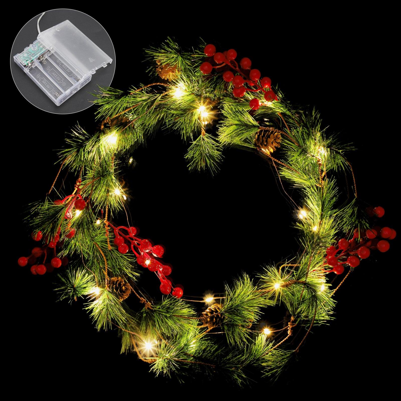 Battery Operated Pine Cone Christmas Lights - LED Garland w/ Red Berries & Pine Branches