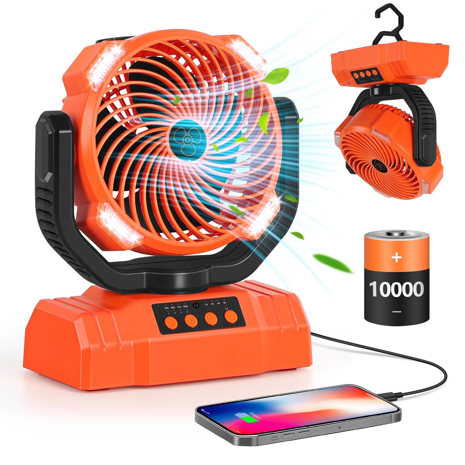 Portable 10000mAh Rechargeable Outdoor Fan with LED Lantern, 4 Speeds, Oscillating USB Desk Fan and Remote for Camping, Beach, and Travel