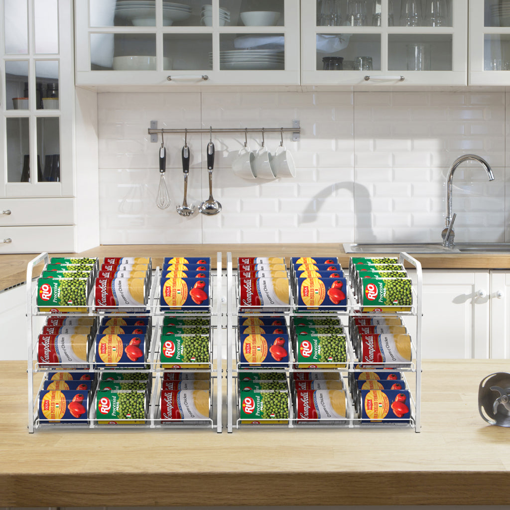 Stackable Can Organizer Rack, 2-Pack White Pantry Can Storage Dispensers, Holds 72 Cans Total
