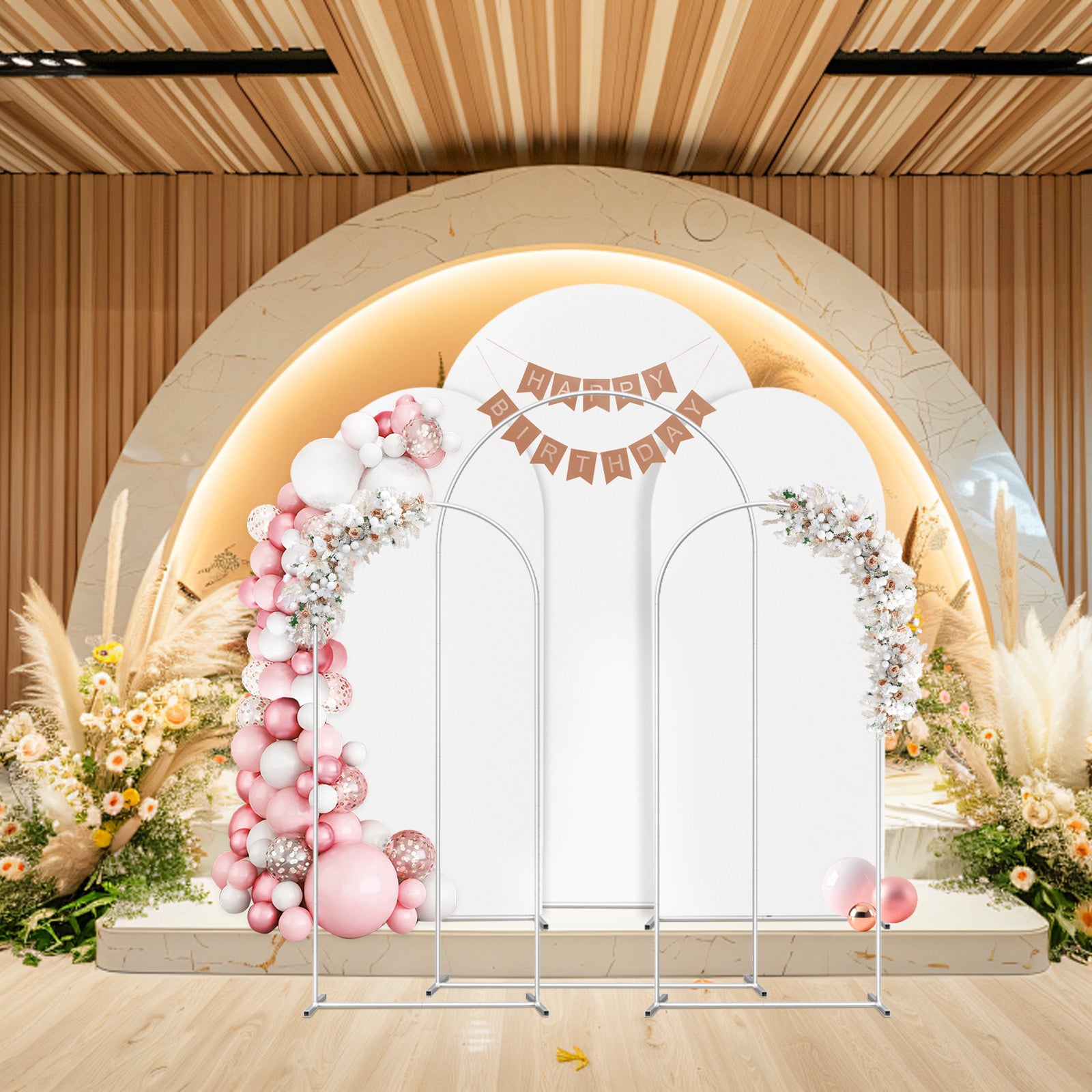 Set of 3 White Arch Backdrop Stands with Covers (7.3FT, 6FT, 6FT) - Metal Frame Kit for Events