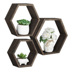 Set of 6 Black Hexagon Floating Shelves - Rustic Wood Honeycomb Wall Mounted Home Decor Storage