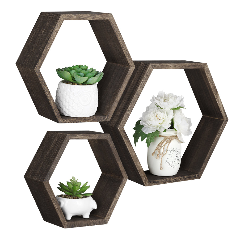 Set of 6 Black Hexagon Floating Shelves - Rustic Wood Honeycomb Wall Mounted Home Decor Storage