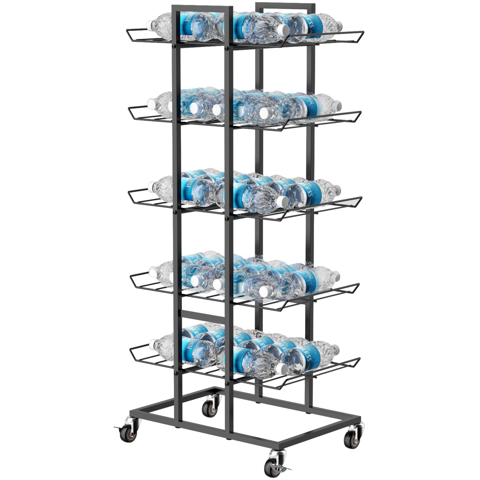 5 Tier Rolling Water Bottle Organizer Stand with Lockable Casters, Black Metal Beverage Bottle Storage Rack, Freestanding Water Bottle Holder for Kitchen Pantry Cabinet Garage
