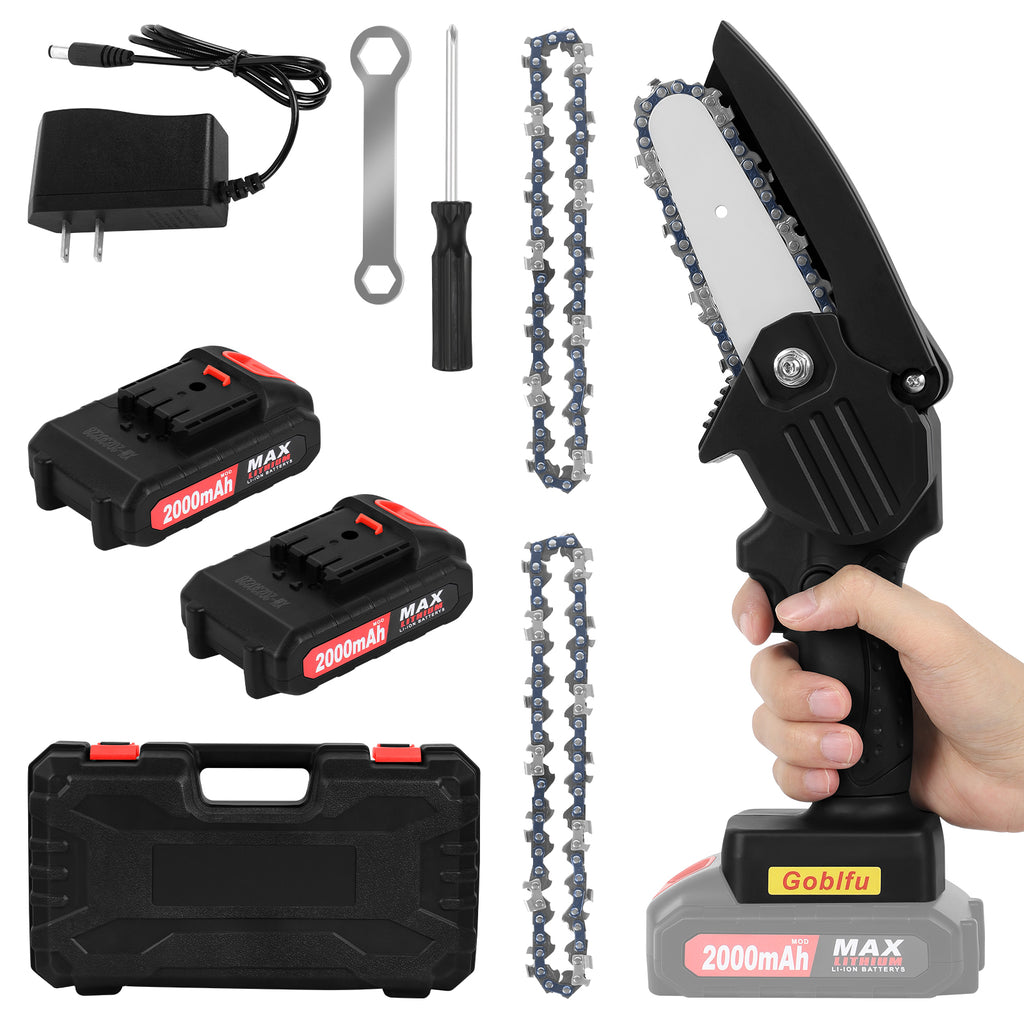 4-Inch Cordless Mini Chainsaw - Portable Electric Chainsaw with 2Â¡Ã2000mAh Batteries, Safety Lock & Splash Guard, Ideal for Wood Cutting & Tree Trimming