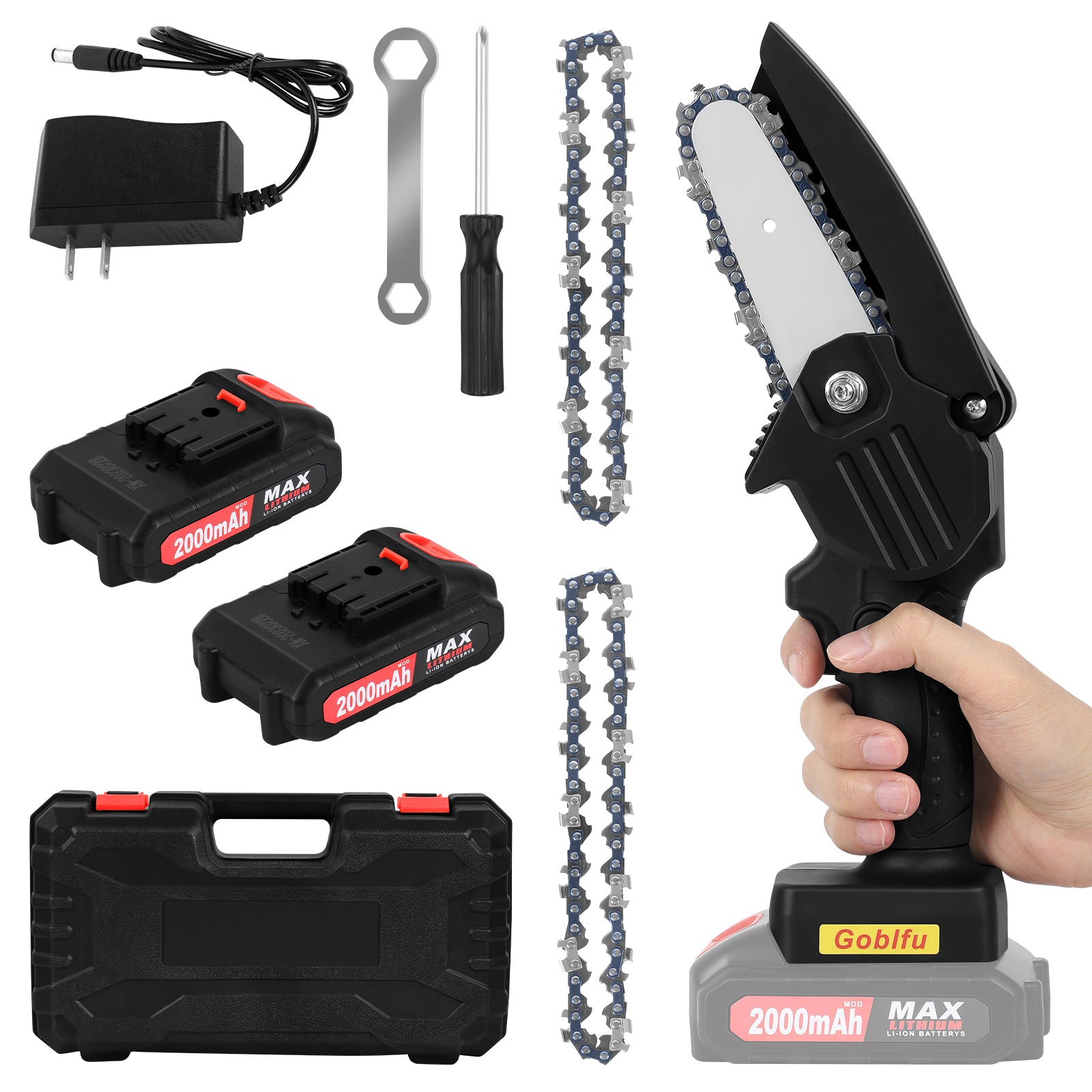 4-Inch Cordless Mini Chainsaw - Portable Electric Chainsaw with 2Â¡Ã2000mAh Batteries, Safety Lock & Splash Guard, Ideal for Wood Cutting & Tree Trimming