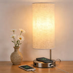 Satin Nickel Nightstand Light with Integrated Wireless Charging Pad and USB Port, Round Linen Fabric Shade Desk Lamp for Bedroom, Living Room, or Home Office