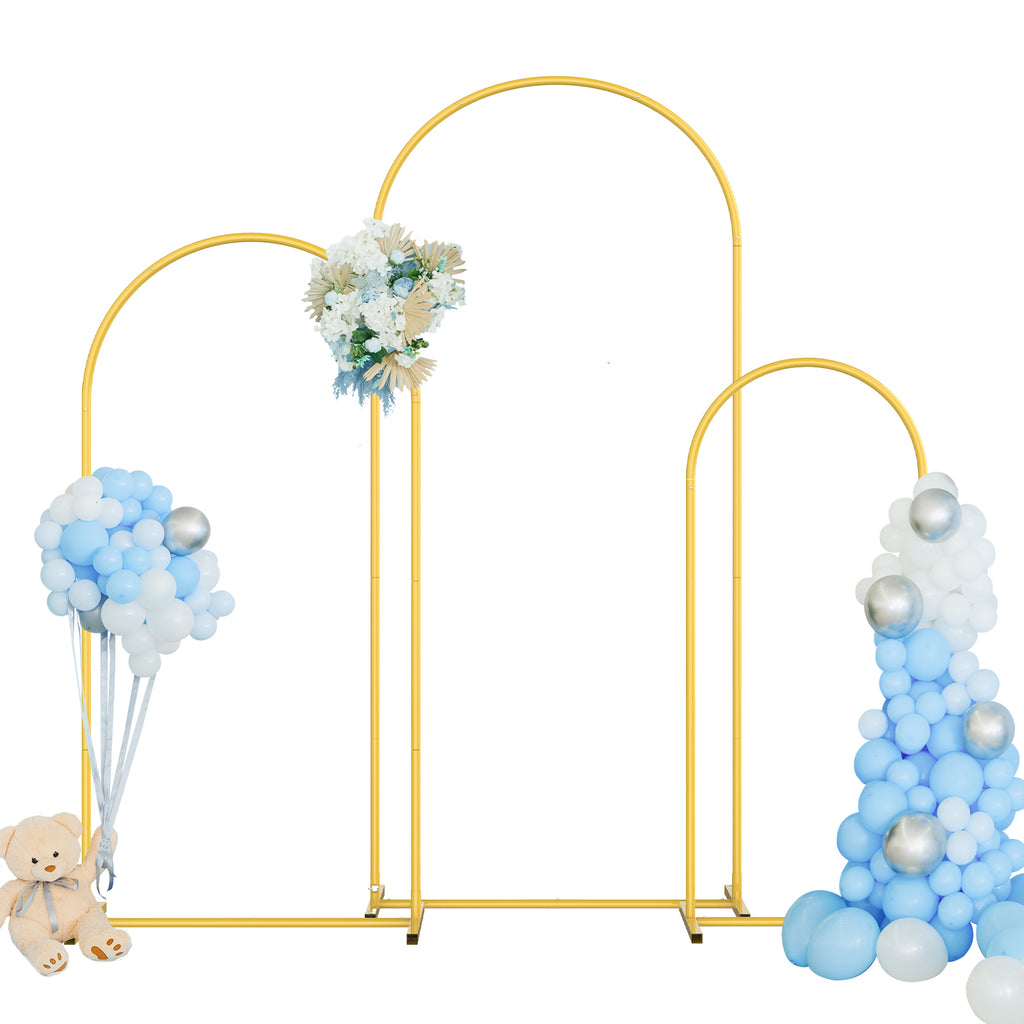Gold Metal Arched Backdrop Frame Set of 3, Heights 4ft, 5ft, and 6ft, Triple Piece Floral and Balloon Display Stand for Wedding Ceremony, Anniversary Party, and Photography Backgrounds