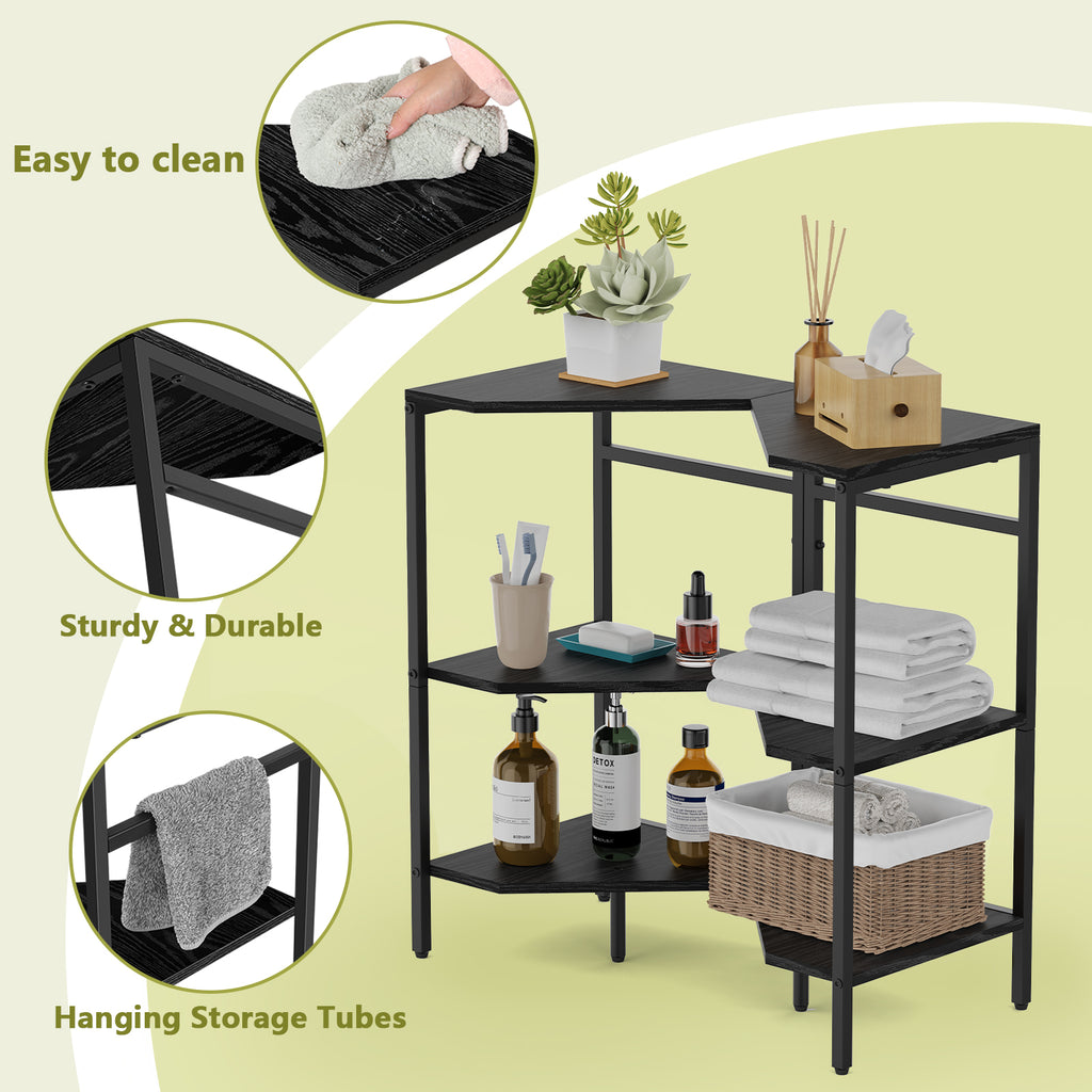 Under Pedestal Sink Storage Cabinet, 3-Tier Bathroom Vanity Organizer, Industrial Corner Shelves with Metal Frame & Wood Top, Space Saving U-Shaped Floor Storage Rack for Small Bathroom, Kitchen, Black