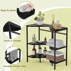 Under Pedestal Sink Storage Cabinet, 3-Tier Bathroom Vanity Organizer, Industrial Corner Shelves with Metal Frame & Wood Top, Space Saving U-Shaped Floor Storage Rack for Small Bathroom, Kitchen, Black