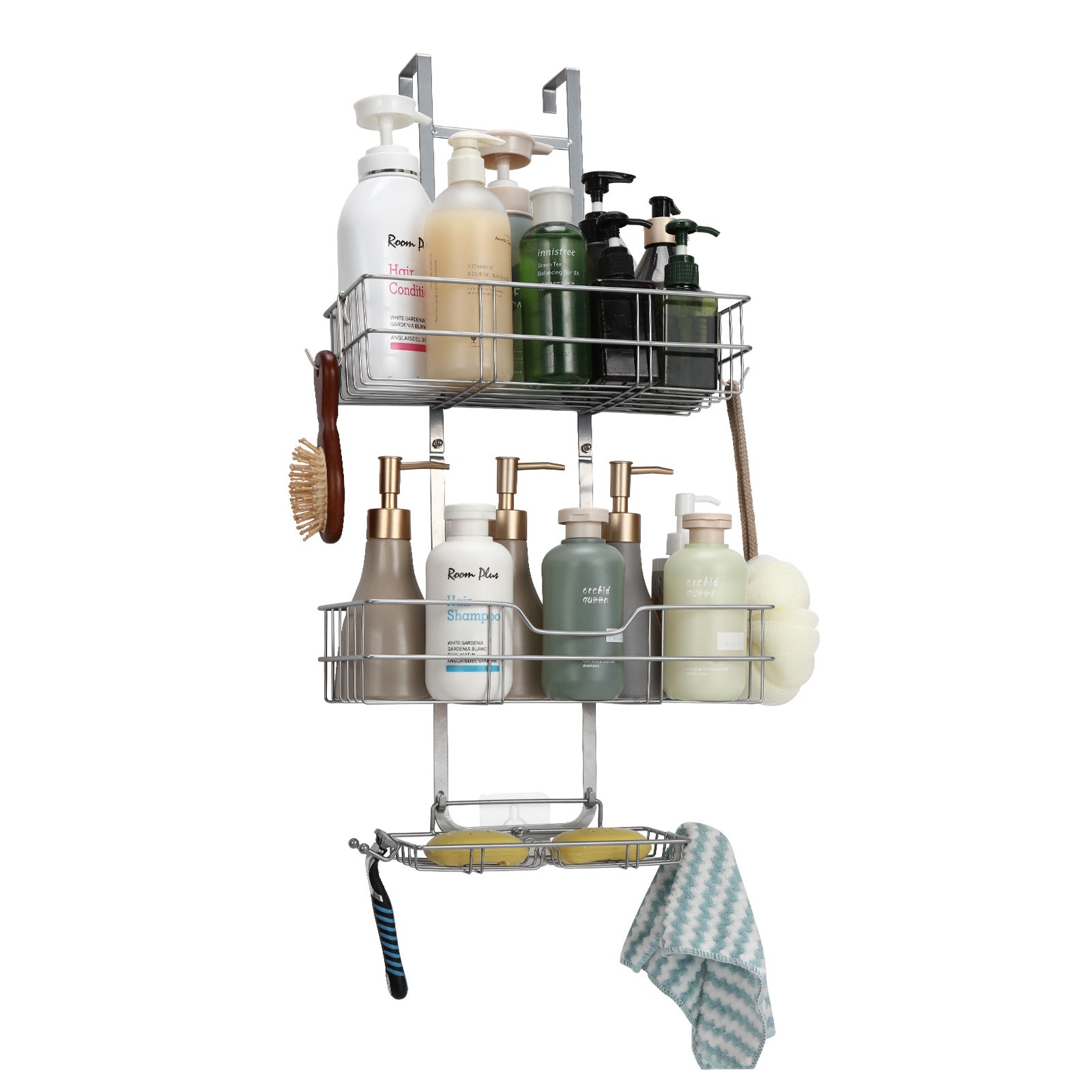 Over the Door Shower Caddy, Hanging Organizer Shelf Rustproof, Shower Basket with Suction Cup, Bathroom Shower Caddy Over The Door with Hook & Soap Box, No Drilling(3 Tier, Silver)