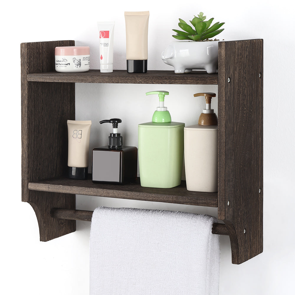 2-Tier Rustic Bathroom Shelf with Towel Bar for for Bathroom/Living Room/Kitchen/Bedroom, Wall Mounted Bathroom Shelf above Toilet Storage Cabinet, Gray-Green
