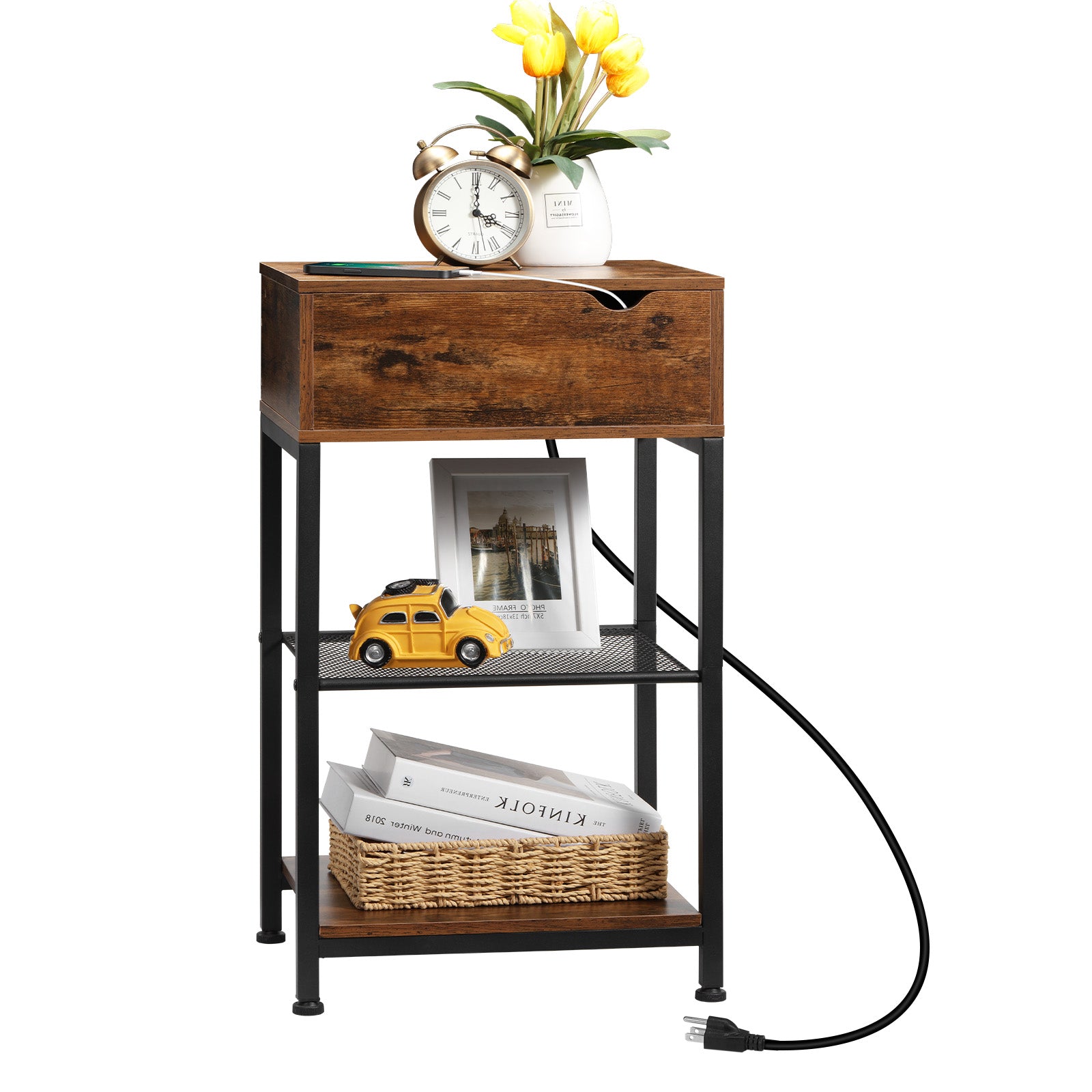 Rustic End Table with Charging Station - Slide Rail Bedside Nightstand w/ USB Ports & Outlets, Brown