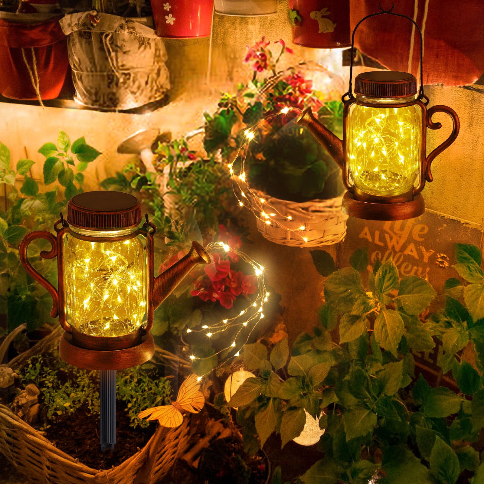 Solar Watering Can Lights Lantern Light - Garden Decor Metal Retro Lamp for Outdoor Table Patio Lawn Yard Pathway
