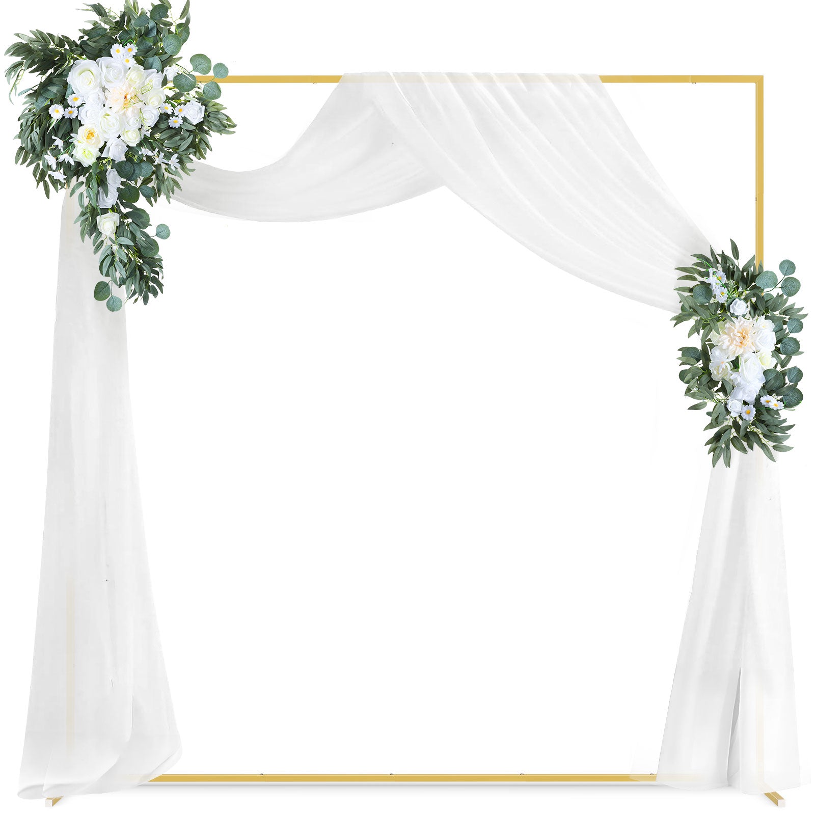 Wedding Arch Draping Fabric 2 Pack White Chiffon with 2 Artificial Flower Bouquets 30in x 26ft Chiffon Backdrop Curtain Outdoor Sheer Drapery for Ceremony Party Ceiling Decoration