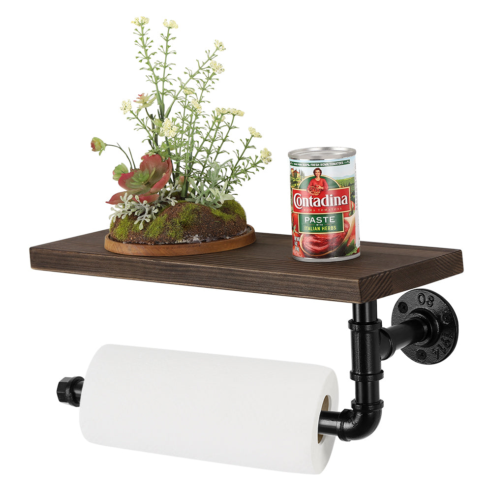 Vintage Industrial Wall-Mounted Paper Towel Rack with Wood Floating Shelf and Metal Pipe Design - Multi-Purpose Kitchen and Bathroom Spice Rack & Tissue Holder