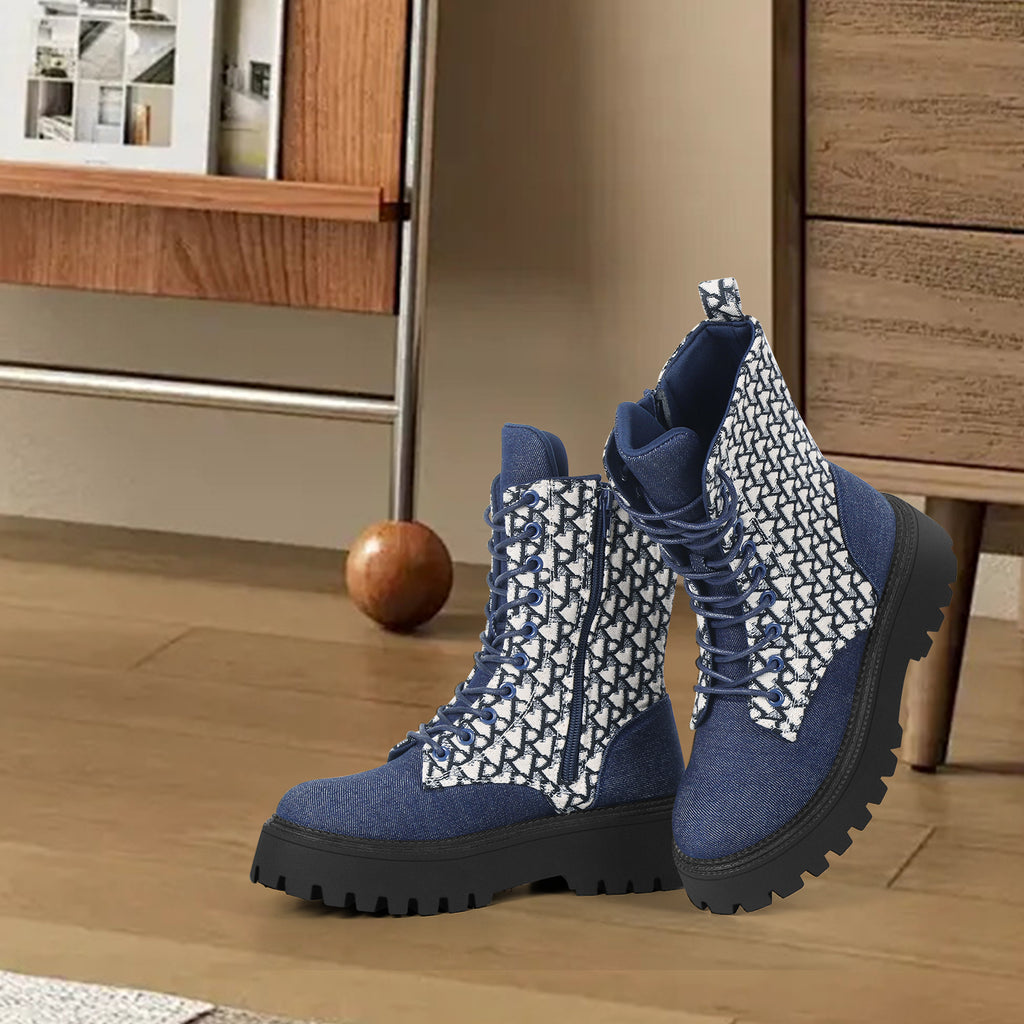 Women's Platform Combat Boots, Lace-Up Ankle Boots with Inside Zipper, Chunky Heel Fashion Denim & Print Boots for Fall Winter