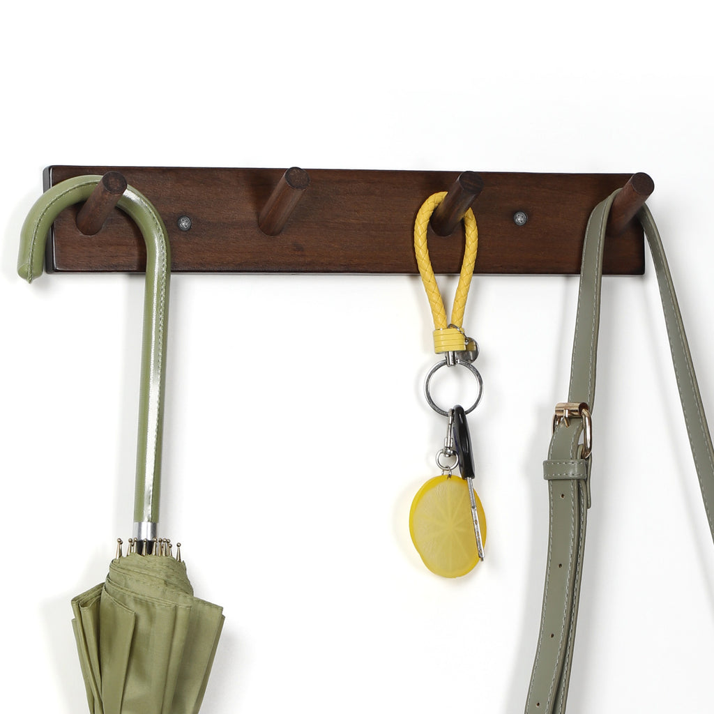 Rustic Solid Beech Wood Peg Coat Hooks 2 Pack, Wall Mount 4-Peg Hanging Rack with Adhesive Glue & Hardware Screws, Minimalist Farmhouse Wall Hanger for Coats, Backpacks, Umbrellas, Towels, Entryway Decor