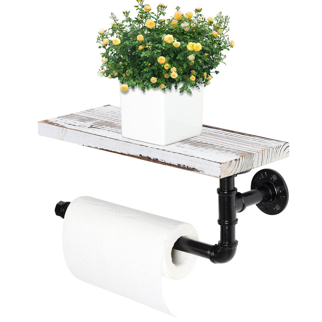 Wall Mounted Industrial Tissue Storage Rack with Wood Shelf, Grey White Kitchen and Bathroom Paper Towel Dispenser Holder