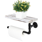 Wall Mounted Industrial Tissue Storage Rack with Wood Shelf, Grey White Kitchen and Bathroom Paper Towel Dispenser Holder