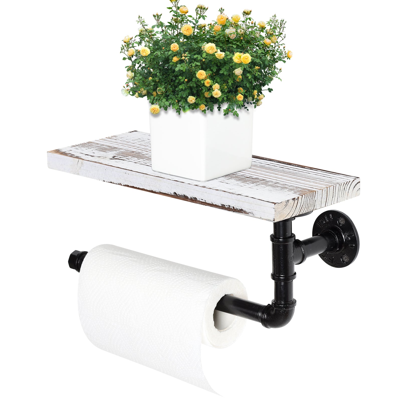 Wall Mounted Industrial Tissue Storage Rack with Wood Shelf, Grey White Kitchen and Bathroom Paper Towel Dispenser Holder